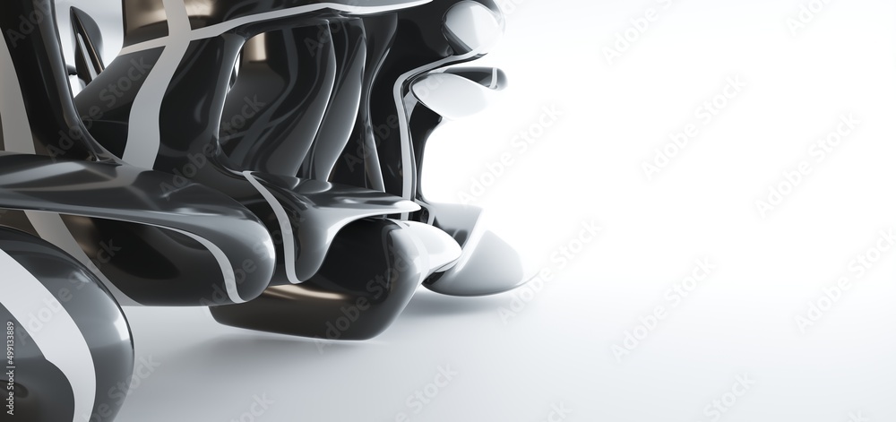 Luxury parametric abstract architectural minimalistic background. Contemporary showroom. Modern black exhibition tunnel. Empty gallery. Stand, table. Interior backlight. 3D illustration and rendering.