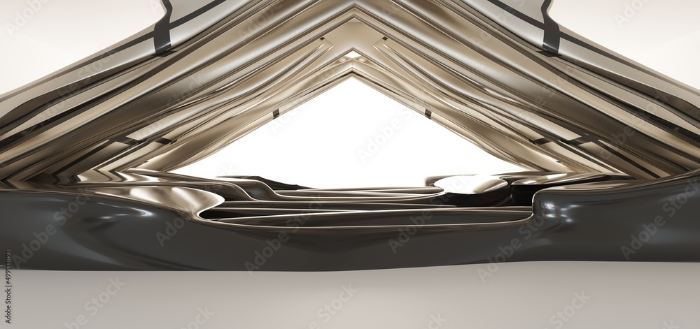 Luxury gold parametric abstract architectural minimalistic background. Contemporary showroom. Modern black exhibition Empty gallery. Interior backlight. 3D illustration and rendering.
