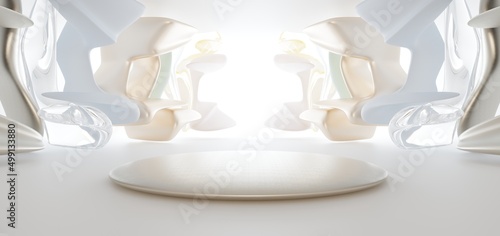 Obraz na płótnie Luxury parametric abstract architectural minimalistic background. Contemporary showroom. Modern colored glass exhibition tunnel. Empty gallery. Backlight. 3D illustration and rendering. w salonie