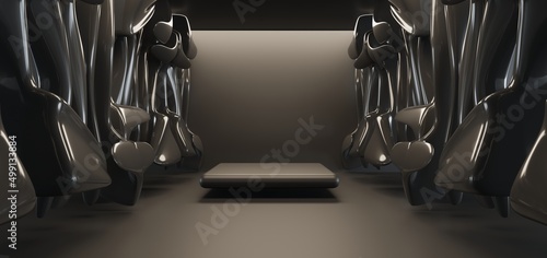 Luxury gold  parametric abstract architectural minimalistic background. Contemporary showroom. Modern black exhibition Empty gallery. Interior backlight. 3D illustration and rendering.