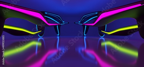Obraz na płótnie Abstract architectural minimalistic background. Laser show in the ultraviolet spectrum. Modern impulse tunnel. Futuristic space sci-fi frame neon backlight. 3D illustration and rendering. w salonie