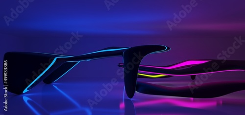 Obraz na płótnie Abstract architectural minimalistic background. Laser show in the ultraviolet spectrum. Modern impulse tunnel. Futuristic space sci-fi frame neon backlight. 3D illustration and rendering. w salonie