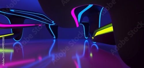 Obraz na płótnie Abstract architectural minimalistic background. Laser show in the ultraviolet spectrum. Modern impulse tunnel. Futuristic space sci-fi frame neon backlight. 3D illustration and rendering. w salonie