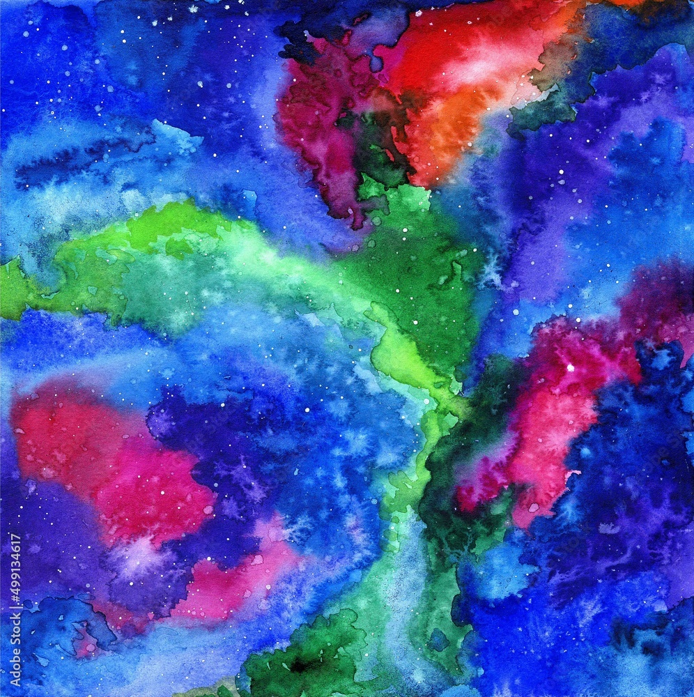 watercolor illustration of a bright blue and red sky. Cosmic hand-drawn illustration.