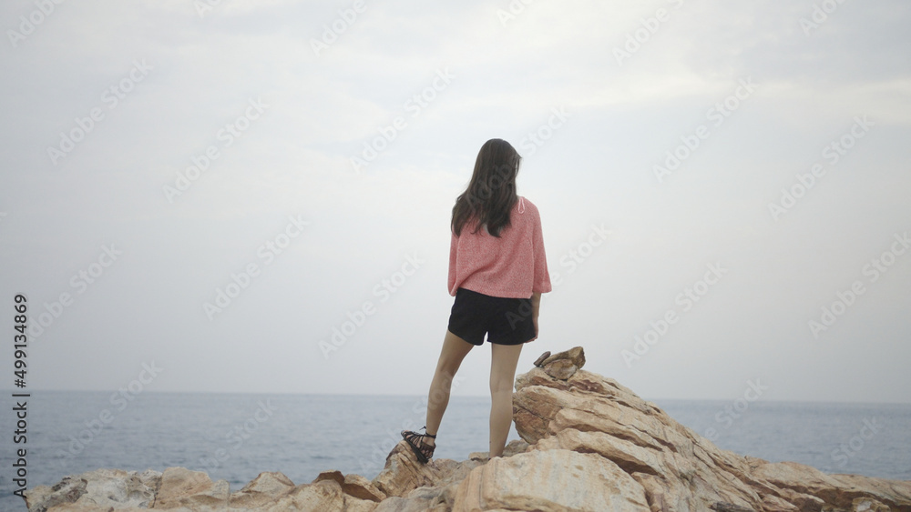 A beautiful woman in pink sweater standing on a rock above the sea, looking at the ocean. Girl traveler, backdrop of the sea and sky. thinking, freedom, solitude, relaxed, goal concept. copy space.