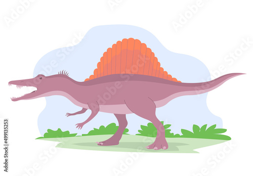 Spinosaurus predatory dinosaur hunter of the Jurassic period. Fin plate on the back. Vector cartoon illustration