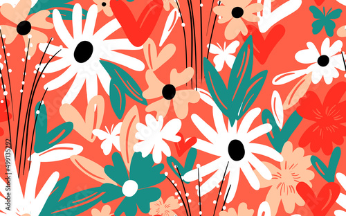 Seamless floral pattern based on traditional folk art ornaments. Colorful flowers on color background. Scandinavian style. Sweden nordic style. Vector illustration. Simple minimalistic pattern