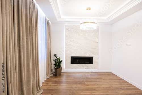 large New Empty White Room with Fireplace and Floor