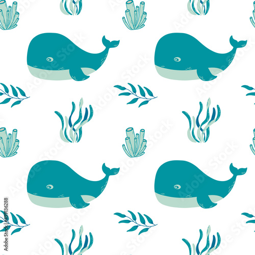 Sea anemons, seaweeds and whale on the vector seamless pattern. Hand drawn illustrations.