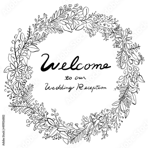 結婚式のウェルカムボード　線画　リース　黒