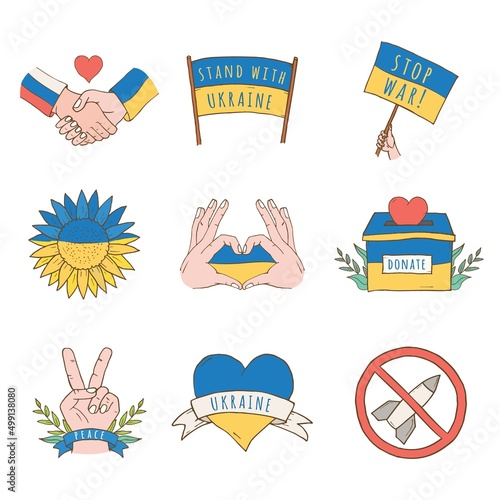 Stand with ukraine, Ukraine flag, peace sign, hand drawn vector illustration.