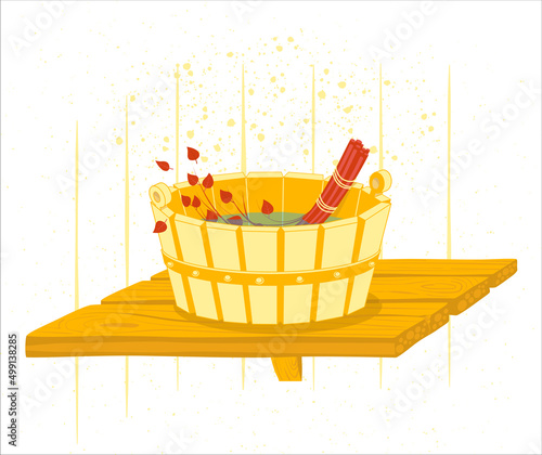 A basin with a soaked broom stands on a shelf in a bathhouse, steam room, Russian tradition, vector illustration