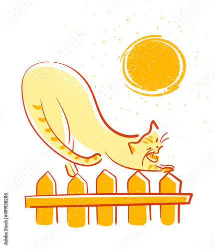 The cat lazily stretches on the fence, basking in the sun. Vector illustration, can be used for children's book design