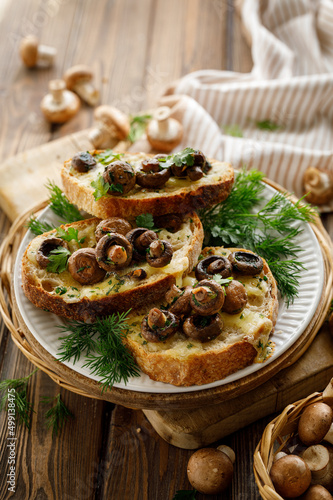 Toasts with cheese and mushrooms seasoned with herbs sprinkled with olive oil served on a plate, close up view