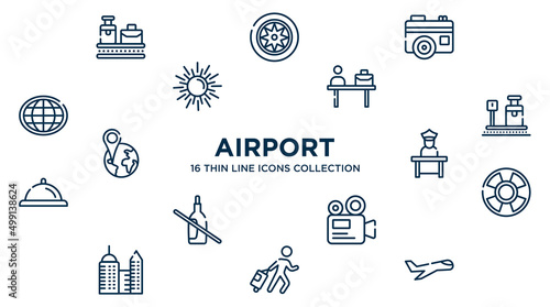 concept of 16 airport outline icons such as null, vintage digital photo camera, check in desk, travelling baggage weight, airport worker, life bouy, camera recorder, traveler at the airport,