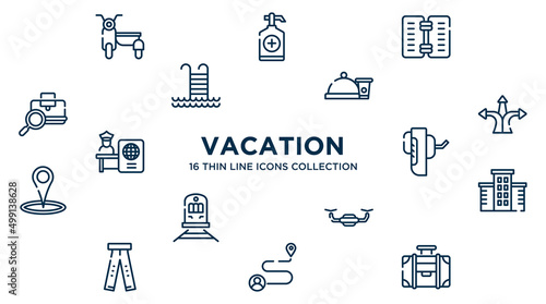 concept of 16 vacation outline icons such as sidecar, wine menu, snacks, directions arrows, breathalyzer, hotel, unmanned, journey, travelling handle bag vector illustration.