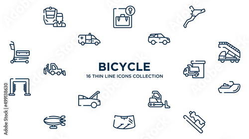 concept of 16 bicycle outline icons such as train operator, brakes, electric car side view, airport truck, loading/unloading area, sea scooter, bulldozer side view, windscreen, hydration vector