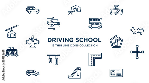 concept of 16 driving school outline icons such as 4x4, rear-view mirror, double decker bus, small plane, no liquid, cross wrench, broken line, or down, driving pass vector illustration.
