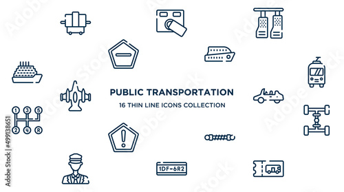 concept of 16 public transportation outline icons such as x-ray, car pedals, ferry boat, trolley bus, convertible car, 4wd, damper, license plate, bus ticket vector illustration.