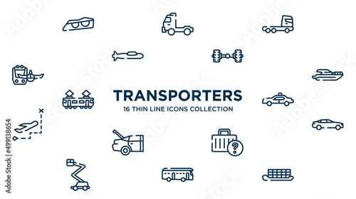 concept of 16 transporters outline icons such as car lights, truck cabin side view, axle, yacht side view, police car side view, car lost and found, checker, container ship vector illustration.