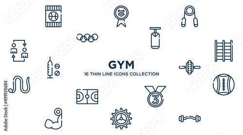 concept of 16 gym outline icons such as blue card, handgrip, boxing bag, trellis, electric unicycle, medicine ball, third place, crank, ez bar vector illustration.