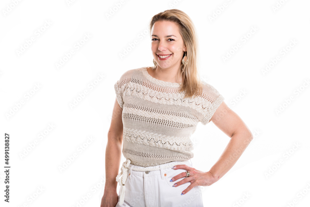 Portrait of happy 40 woman over white background Portrait of happy 40 woman over white background