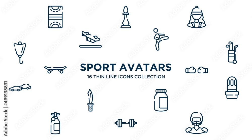 concept of 16 sport avatars outline icons such as hockey pitch, horsewoman, kicking, golf caddy, punching, led strobe, energy bar, barbell, hockey player vector illustration.