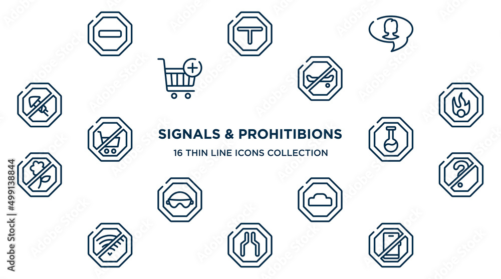 concept of 16 signals & prohitibions outline icons such as prohibited way, videochat, no skating, oxidant, substance, no doubt, hump, narrow, smarthphone vector illustration. concept of 16 signals & prohitibions outline icons such as prohibited way, videochat, no skating, oxidant, substance, no doubt, hump, narrow, smarthphone vector illustration.