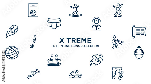 concept of 16 x treme outline icons such as baseball card, powerbocking, sport commentor, sacred scriptures, batter, asian hat, home run, go kart, abseiling vector illustration.