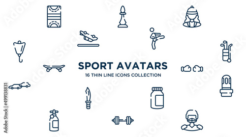 concept of 16 sport avatars outline icons such as hockey pitch, horsewoman, kicking, golf caddy, punching, led strobe, energy bar, barbell, hockey player vector illustration.