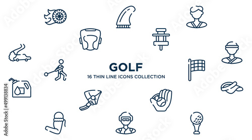 concept of 16 golf outline icons such as burnout, karateka, paddock, judoka, black flagged, visor, baseball ball, skydiver, tee vector illustration.