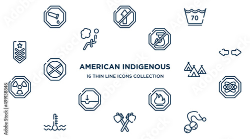 concept of 16 american indigenous outline icons such as chemical products, 70 degrees, no hoist, turn, indian village, atom, fire warning, native american axes, sleigh bell vector illustration.