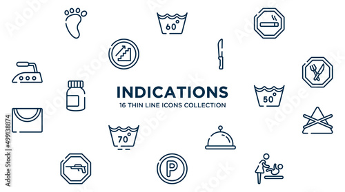 concept of 16 indications outline icons such as four toe footprint, smoke zone, strong knife, restaurant, 50 degree laundry, do not bleach, tray with cover, p inside a circle, babysitter and child