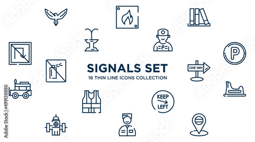 concept of 16 signals set outline icons such as hawk, three books, parking worker, parking hexagonal, one way street, baby toilet, keep left, valet, placeholder point vector illustration.