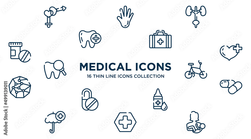 concept of 16 medical icons outline icons such as male and female gender, excretory system, first aid kit bag, heart with a plus, bicycle healthy transport, medicine capsule, drop of liquid, red