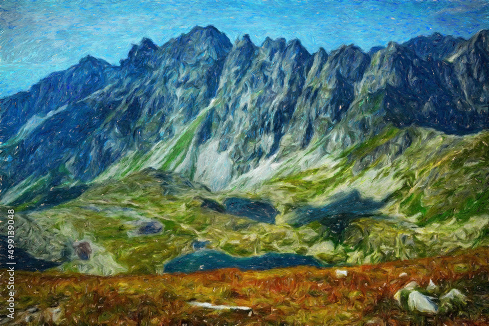 Watercolor and oil painting nature landscape, famous travel and touristic place, outdoor vacation trend print for poster, paper, textile or canvas. Modern fine arts design wallpaper. Wall art drawing