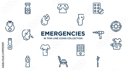 concept of 16 emergencies outline icons such as medicine jar, antibiotic, butt, life saver, medical drill, washing clothes, medicine cabinet, potty, pike pole vector illustration.