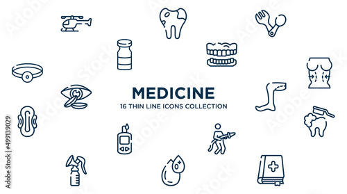 concept of 16 medicine outline icons such as chopper, spoon and fork, dentures, plastic surgery, legs, brushing teeth, fireman, type 0, medicine book vector illustration.