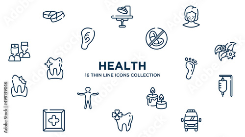 concept of 16 health outline icons such as medicine tablets, pimples, prohibition, flower therapy, human footprints, serum bag, candle and stone, trebol, frontal ambulance vector illustration.