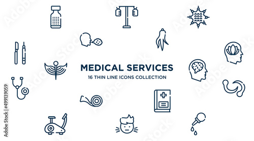 concept of 16 medical services outline icons such as homeopathy, massage ball, ginseng, peace of mind, neurology, leech, vademecum, sick boy, pear enema vector illustration.