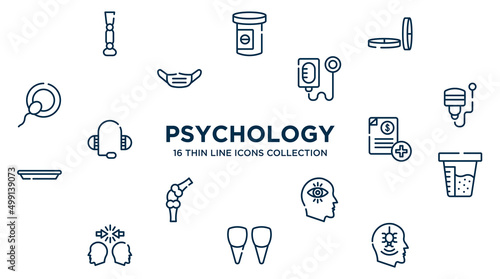 concept of 16 psychology outline icons such as prosthesis, lozenge, intravenous saline drip, ultrasound, medical invoice, urine test, obsession, incisor, phobia vector illustration.