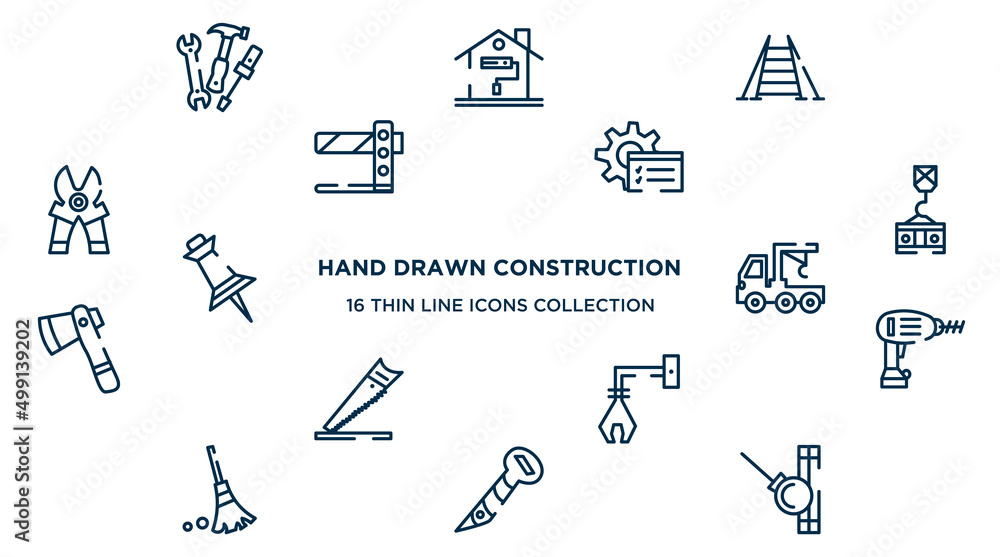 concept of 16 hand drawn construction outline icons such as three tools, double ladder, tools window, crane holding construction panel, truck with crane, drill, derrick with tong, screw hand drawn