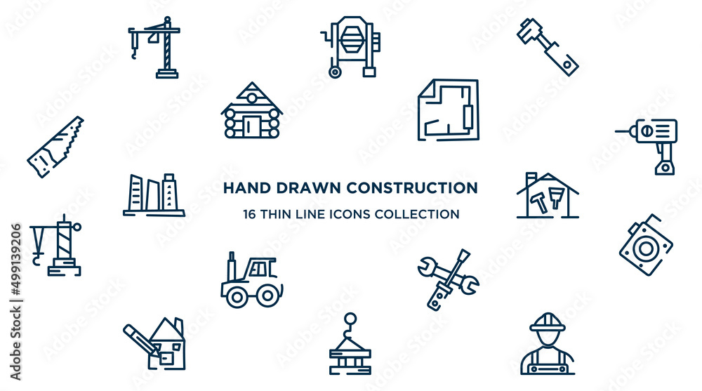 concept of 16 hand drawn construction outline icons such as construction crane hine, tool diagonal, blueprint hand drawn tool, hine drill, home repair, roulette with button, screwdriver and doble