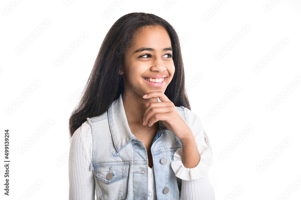 Beautiful black teen pensive on studio white background Beautiful black teen pensive on studio white background