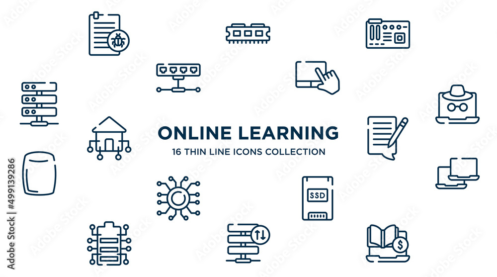 concept of 16 online learning outline icons such as corrupt file, motherboard, touchpad, fraud, blogging, laptops, solid state drive, server traffic, tuition vector illustration. concept of 16 online learning outline icons such as corrupt file, motherboard, touchpad, fraud, blogging, laptops, solid state drive, server traffic, tuition vector illustration.