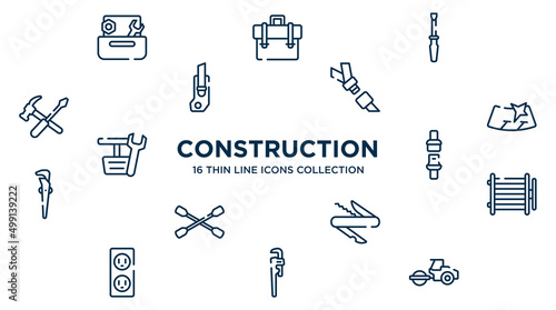 concept of 16 construction outline icons such as wrench and nut, repair screwdriver, seatbelt, windshield, seat belt, condenser, swiss knife, stillson wrench, steamroller vector illustration.