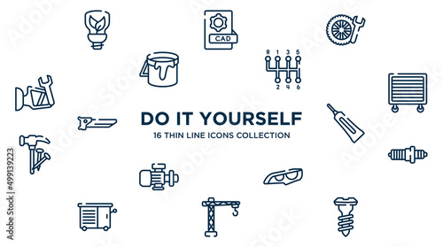 concept of 16 do it yourself outline icons such as ecologic light bulb, winter tires, gear stick, garage wrench, caulk, spark plug, headlights, lifter, screw vector illustration.