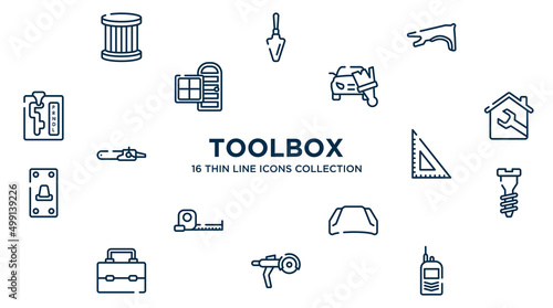 concept of 16 toolbox outline icons such as oil filter, fender, car painting, house, null, garage screw, hood, grinder, portable radio vector illustration.
