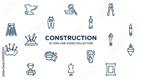 concept of 16 construction outline icons such as bidet, clamps, norigae, voltage indicator, spanner, plumb bob, multimeter, tailor, cement vector illustration.