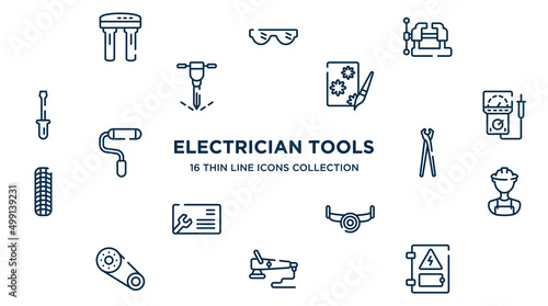 concept of 16 electrician tools outline icons such as water filter, vice, decoupage, electric meter, pincers, construction worker, sawmill, polisher, electrical panel vector illustration.